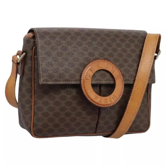 CELINE Macadam Canvas Circle Shoulder Bag PVC Leather Brown Gold Auth - Picture 1 of 16